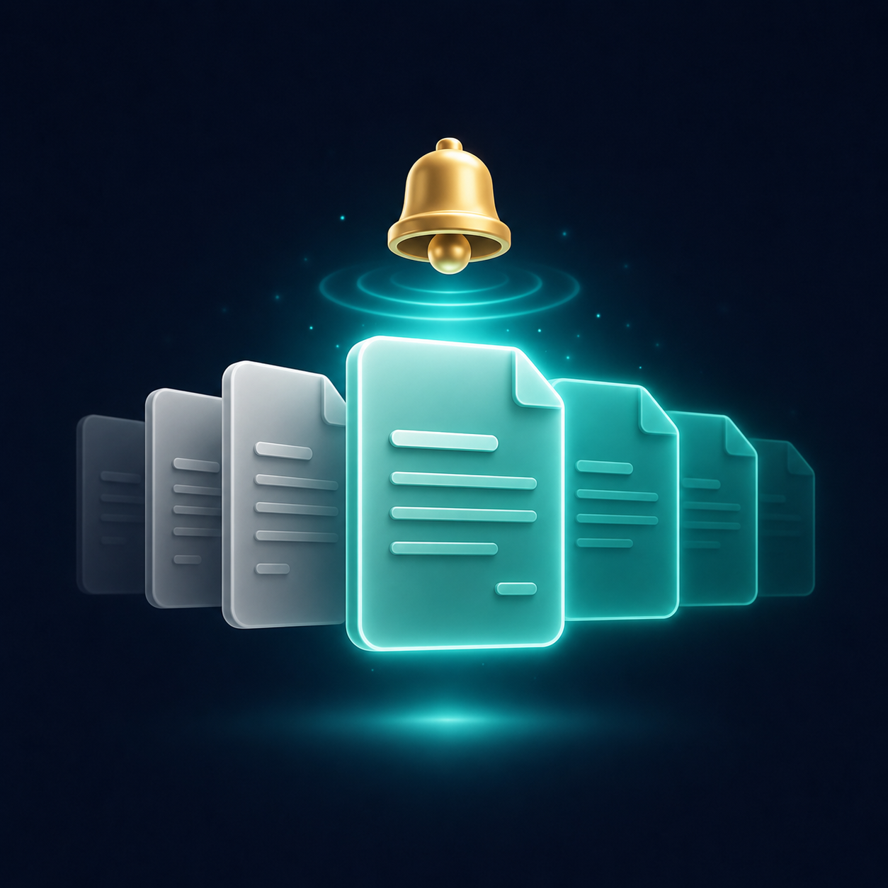 Gold reminder bell ringing above a stack of glowing invoices