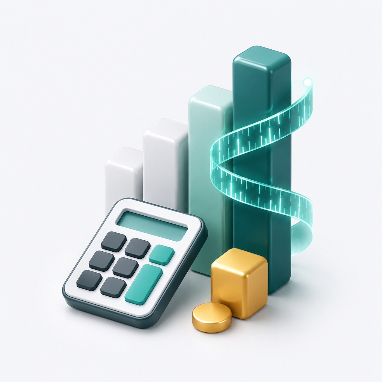 Calculator beside rising bar blocks wrapped by a glowing measuring ribbon