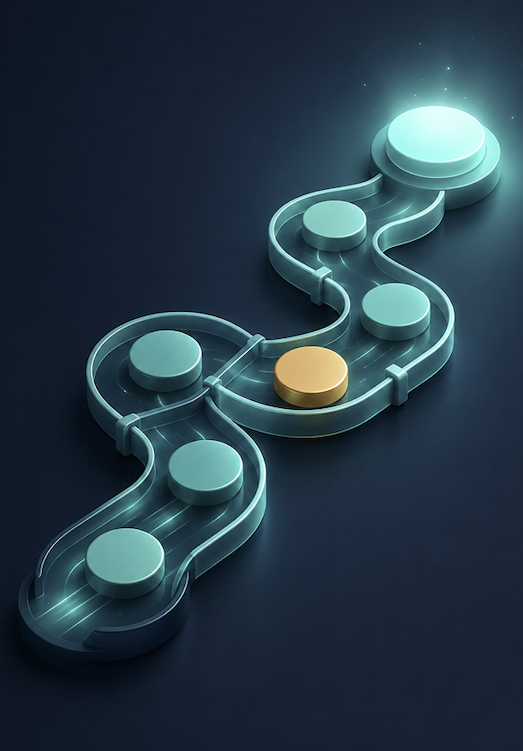 Glowing connected workflow route showing each job step moving toward completion
